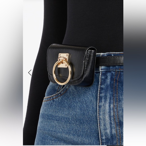 Black belt travel crossbody bag gold buckle ring - Picture 2 of 7